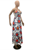 Red Sexy Print Backless Strap Design Spaghetti Strap Long Dress