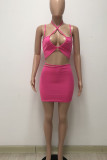 Pink Sexy Solid Hollowed Out Patchwork Frenulum Asymmetrical Collar Sleeveless Two Pieces