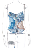 Red Sexy Print Patchwork Buckle Strapless Tops