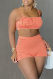 Rose Red Sexy Solid Patchwork Fold Spaghetti Strap Sleeveless Two Pieces