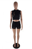 Black Fashion Casual Solid Ripped Hooded Collar Sleeveless Two Pieces