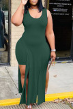 Army Green Street Solid Slit U Neck Two Pieces