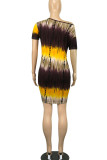 Yellow Red Casual Print Tie Dye Split Joint O Neck Straight Dresses