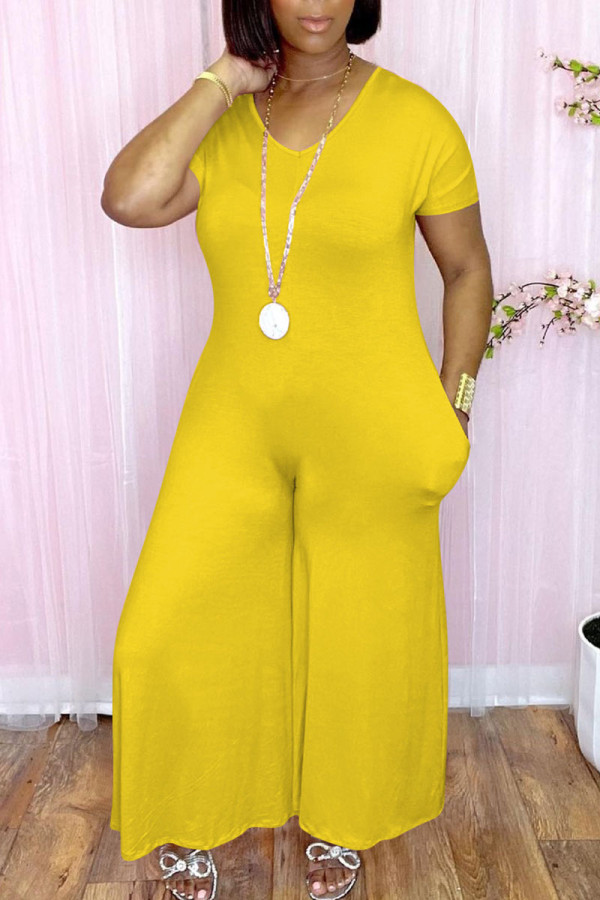 Yellow Casual Solid Patchwork V Neck Loose Jumpsuits