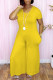 Yellow Casual Solid Patchwork V Neck Loose Jumpsuits