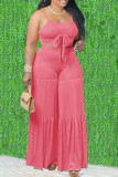 Pink Sexy Casual Solid Bandage Hollowed Out Fold Spaghetti Strap Sleeveless Two Pieces