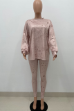 Khaki Casual Patchwork Tie-dye O Neck Long Sleeve Two Pieces