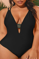 Black Sexy Solid Split Joint Backless V Neck Plus Size Swimwear