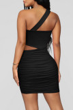 Black Sexy Solid Hollowed Out Patchwork Fold Strapless Pencil Skirt Dresses