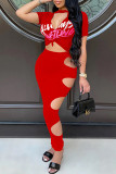 Red Fashion Sexy Letter Print Hollowed Out O Neck Short Sleeve Two Pieces