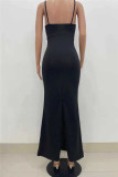 Yellow Fashion Sexy Solid Backless Slit V Neck Sling Dress