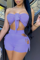 Purple Sexy Solid Hollowed Out Strapless Two Pieces