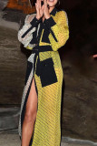 Yellow White Casual Print Polka Dot Patchwork Pocket Turndown Collar Shirt Dress Dresses