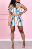 Colour Sexy Casual Striped Print Backless Spaghetti Strap Sleeveless Two Pieces