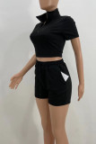 Pink Casual Solid Patchwork Zipper Turndown Collar Short Sleeve Two Pieces