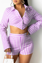 Purple Sexy Striped Split Joint Turndown Collar Long Sleeve Two Pieces