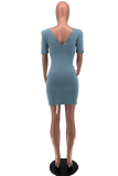 Deep Blue Sexy Solid Split Joint Square Collar Pencil Skirt Dresses