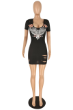 Pink Sexy Print Ripped U Neck Pencil Skirt Dresses