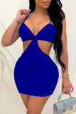 Lake Blue Sexy Solid Hollowed Out Spaghetti Strap Wrapped Skirt Dresses