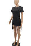 Light Green Casual Solid Tassel Patchwork O Neck Pencil Skirt Dresses
