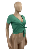 Blue Sexy Solid Bandage V Neck T-Shirts