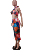 Tangerine Red Sexy Print Hollowed Out Halter Sleeveless Two Pieces