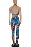Turquoise Sexy Print Bandage Patchwork Halter Sleeveless Two Pieces
