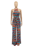 Blue Sexy Print Patchwork Halter Straight Jumpsuits