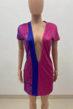 Fuchsia Sexy Casual Print Basic V Neck Short Sleeve Dress