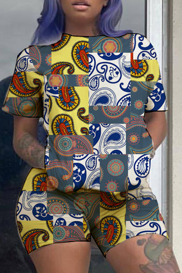 Grey Casual Print Patchwork O Neck Short Sleeve Two Pieces
