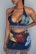 The cowboy blue Casual Print Tassel Patchwork Halter Sleeveless Two Pieces