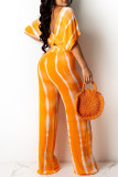 Yellow Fashion Casual Striped Print Bandage V Neck Short Sleeve Two Pieces