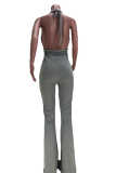 Grey Casual Solid Patchwork Halter Regular Jumpsuits