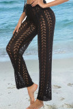 Apricot Sexy Solid Hollowed Out Loose Mid Waist Wide Leg Solid Color Bottoms