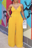 Yellow Casual Solid Patchwork Spaghetti Strap Loose Jumpsuits