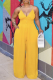 Yellow Casual Solid Patchwork Spaghetti Strap Loose Jumpsuits