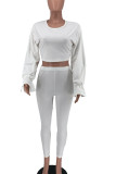 White Casual Solid Split Joint Frenulum O Neck Long Sleeve Two Pieces