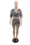 Grey Sexy Print Patchwork V Neck Short Sleeve Two Pieces