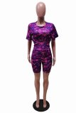 Colour Casual Print Patchwork O Neck Short Sleeve Two Pieces