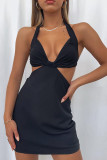 Rose Red Sexy Solid Bandage Hollowed Out Patchwork Asymmetrical Halter A Line Dresses
