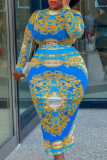 Blue Sexy Print Patchwork O Neck Pencil Skirt Dresses