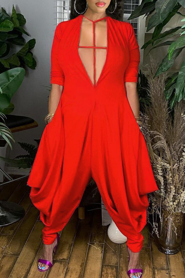 Red Fashion Casual Solid Hollowed Out V Neck Harlan Jumpsuits