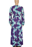 Purple Elegant Print Bandage Split Joint V Neck Printed Dress Dresses