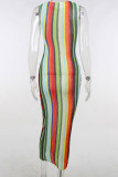 Colour Casual British Style Striped Print Split Joint O Neck Vest Dress Dresses