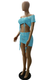 Rose Red Sexy Solid Mesh Off the Shoulder Short Sleeve Two Pieces