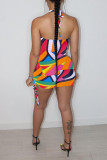 Multicolor Fashion Sexy Print Hollowed Out Backless Halter Sleeveless Dress
