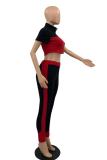 Red Sportswear Solid Patchwork V Neck Short Sleeve Two Pieces