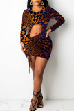 Orange Sexy Print Hollowed Out Split Joint Draw String Fold O Neck Pencil Skirt Dresses
