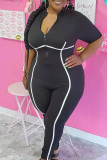 Dark Gray Casual Solid Patchwork Zipper O Neck Plus Size Jumpsuits