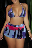 Blue Fashion Sexy Print Tie Dye Bandage Backless Swimwears